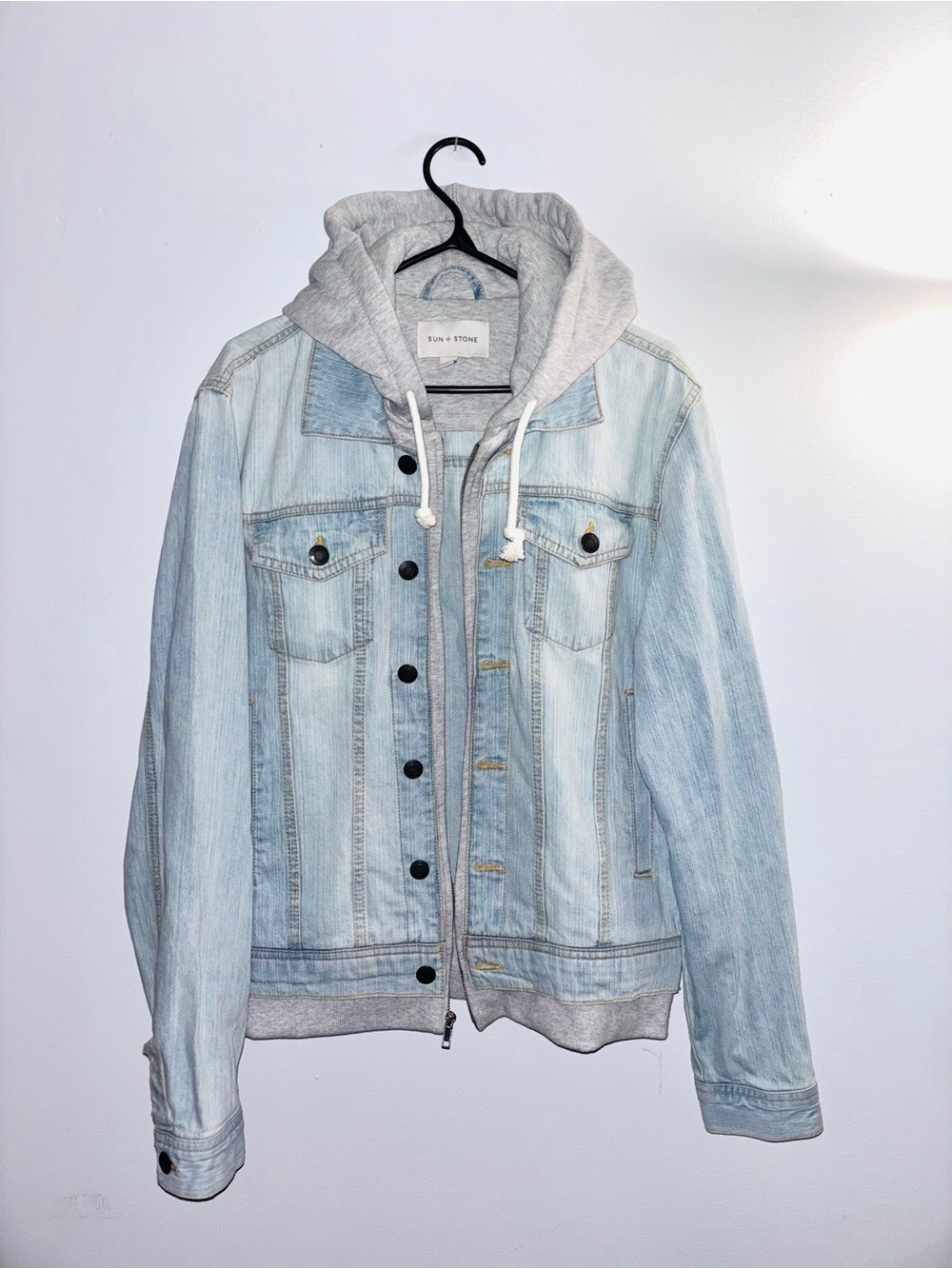 Sun + Stone Light Blue Denim Jacket with Gray Hooded Liner